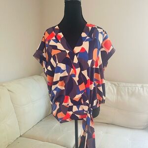 Nine West Short Sleeve Wrap Blouse in Blue and Red